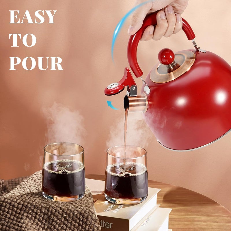 GGC 2.6QT Tea Kettle for Stove Tops, Whistling Tea Kettles for Boiling Water Coffee or Milk, Red Stainless Steel Tea Pots with Folding Handle, Thumb Design Control Kettle Outlet - Image 5