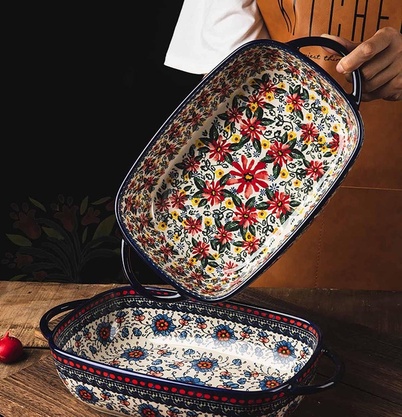 Bicuzat Red Daisy Flower Vintage Style Ceramic Bakeware Casserole Dish Baking Pan Lasagna Pans Baking Dish with Handles for Oven/Cooking/Kitchen-1 PCS, 60 OZ - Image 5