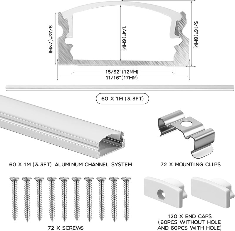 Macarrie 60 عبوة 33 قدم 1 متر نظام قنوات الألمنيوم LED على شكل U مع أغطية نهاية وأقواس تثبيت سهلة القطع والتركيب بملف منحني - Image 3