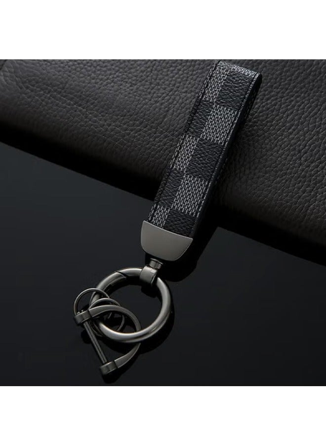 Car PU Leather Metal Keychain, Plaid Leather Zinc Alloy Ring 360° Rotating Car Universal Wrist Band, Key School Bag Car Decoration Pendant (Black+Send a Screwdriver) - Image 5