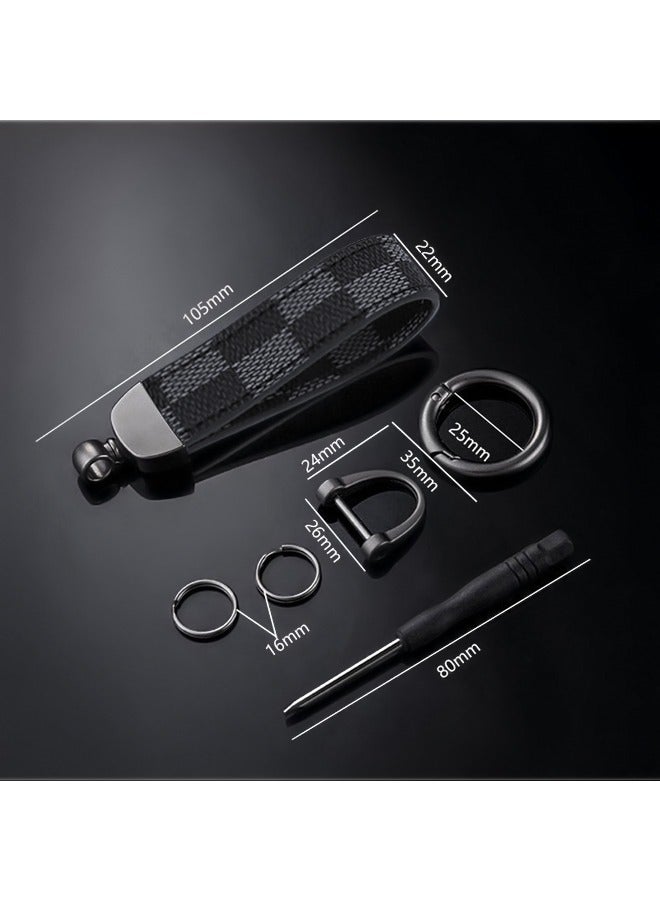 Car PU Leather Metal Keychain, Plaid Leather Zinc Alloy Ring 360° Rotating Car Universal Wrist Band, Key School Bag Car Decoration Pendant (Black+Send a Screwdriver) - Image 4