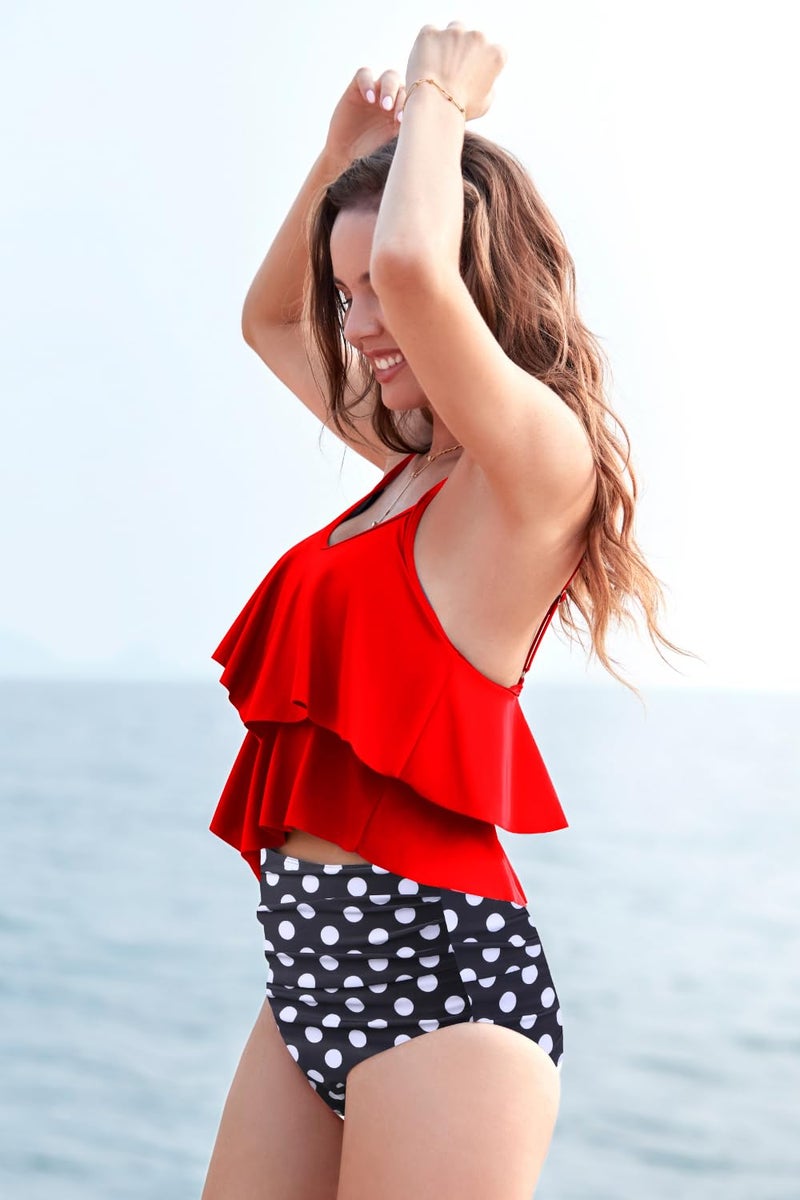 Adisputent Womens High Waisted Bathing Suits Flounce Halter Tank Top Bikini Bottoms Tummy Control Modest Swimwear Two Piece Swimsuits Tankini Red Polka L - Image 2