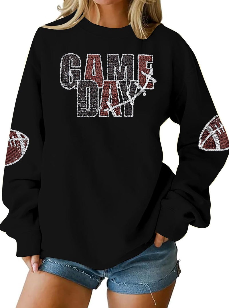 MYHALF Game Day Sweatshirt Football Shirts: Women Gameday Sequin Outfits Football Fan Game Day Shirt Long Sleeve Casual Tops Black - Image 2