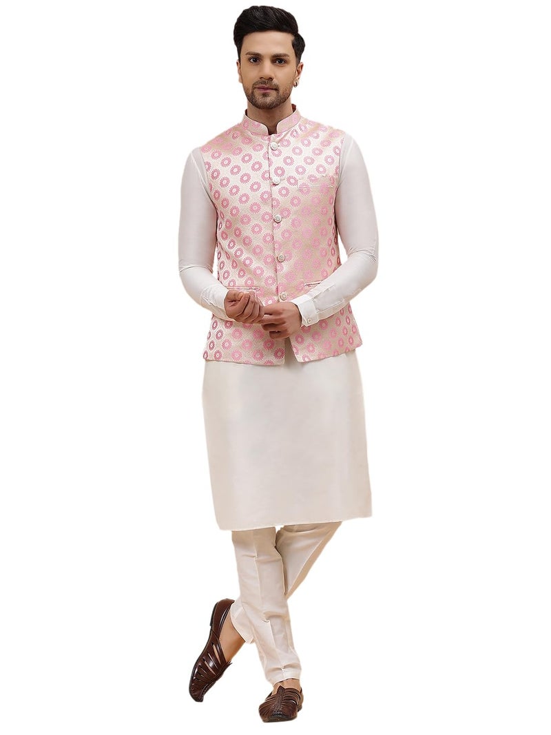 See Designs Men Off White Kurta Pajama & Pink Woven Design Jacquard Nehru jacket - SD2NJ_23901S - Image 1
