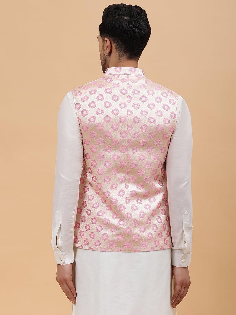 See Designs Men Off White Kurta Pajama & Pink Woven Design Jacquard Nehru jacket - SD2NJ_23901S - Image 3