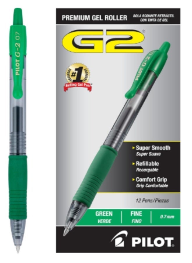 Pilot G2 gel pen, green ink, 0.7, pack of 12 pens - Image 1