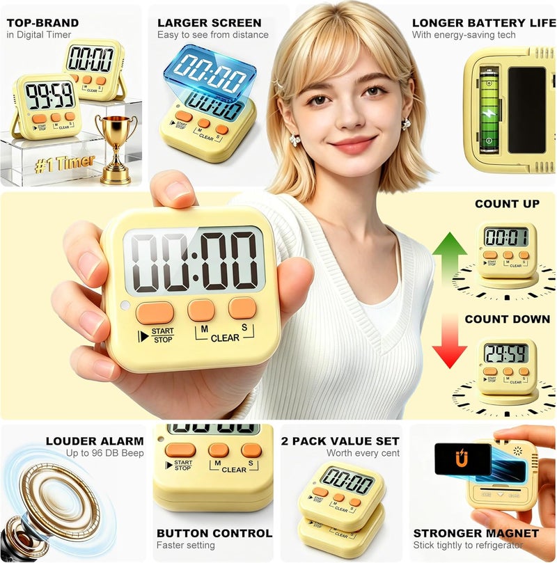 Antonki 2 Pack Digital Timer for Kids, Magnetic Countdown Kitchen Timers for Cooking, Egg, Classroom, Teacher, Exercise, Study, Oven - Battery Included - Image 4