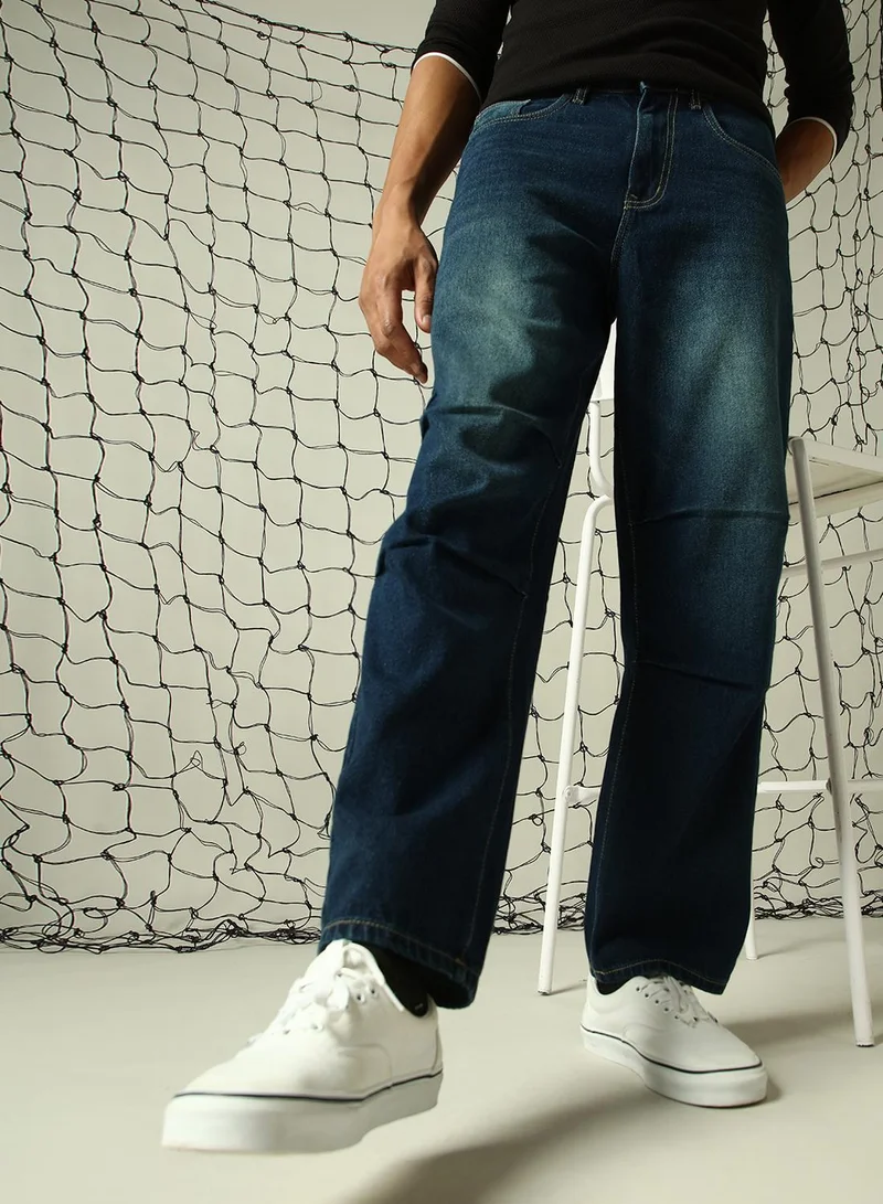 هوبرهولمي Men's Indigo 100% Cotton Distressed Full Length Loose Fit Jeans