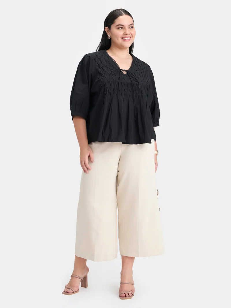 فيرجيو Solid Cotton Diagonal Tuck Detail Plus Size Top for Women