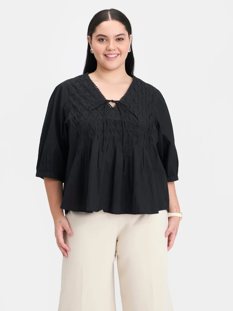 فيرجيو Solid Cotton Diagonal Tuck Detail Plus Size Top for Women