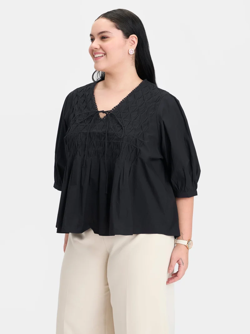 Virgio  Solid Cotton Diagonal Tuck Detail Plus Size Top for Women for Women | Best Price UAE