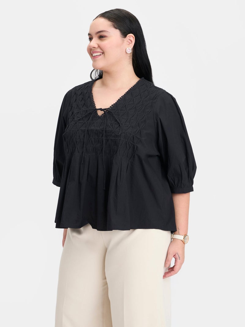 Virgio Solid Cotton Diagonal Tuck Detail Plus Size Top for Women - Image 3