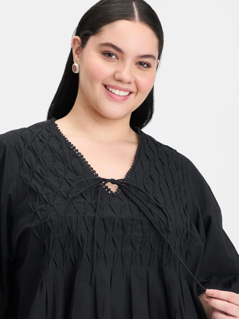Virgio  Solid Cotton Diagonal Tuck Detail Plus Size Top for Women for Women | Best Price UAE