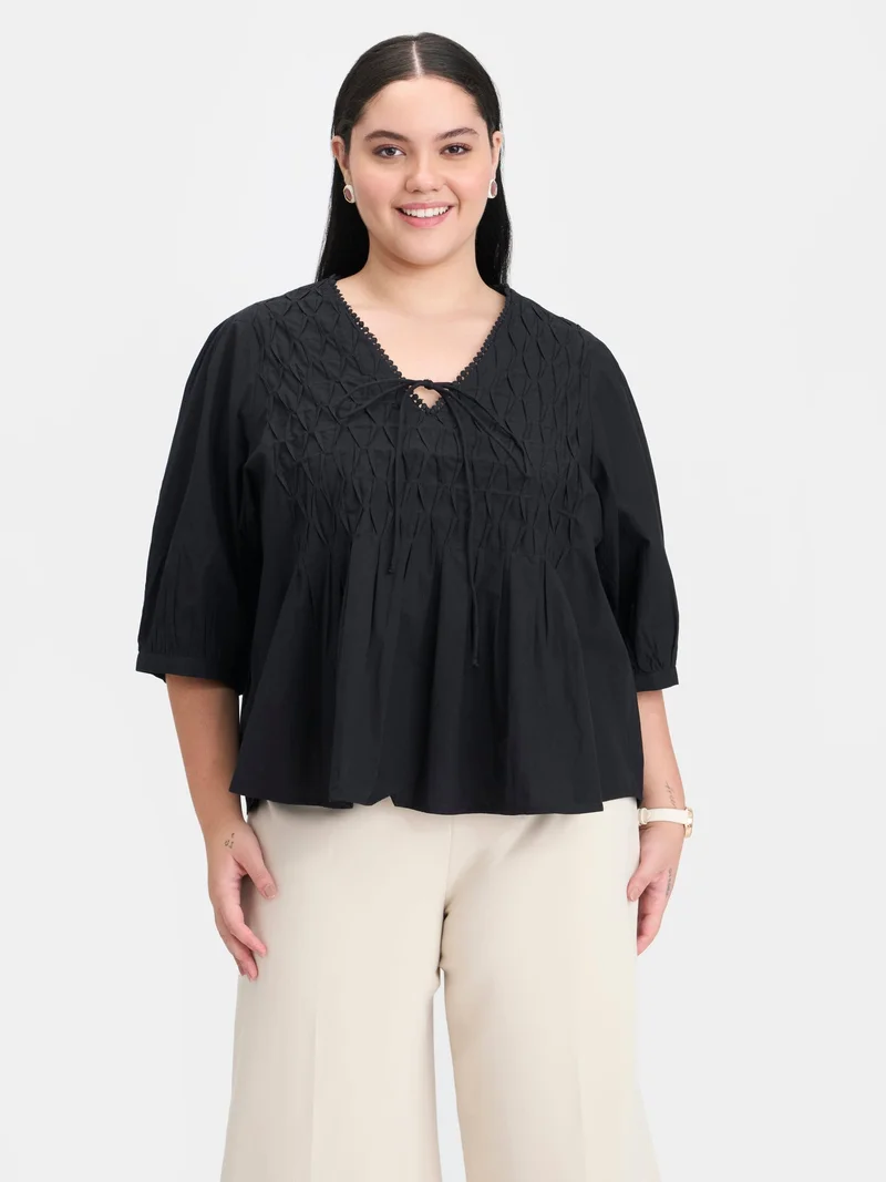 Virgio Solid Cotton Diagonal Tuck Detail Plus Size Top for Women