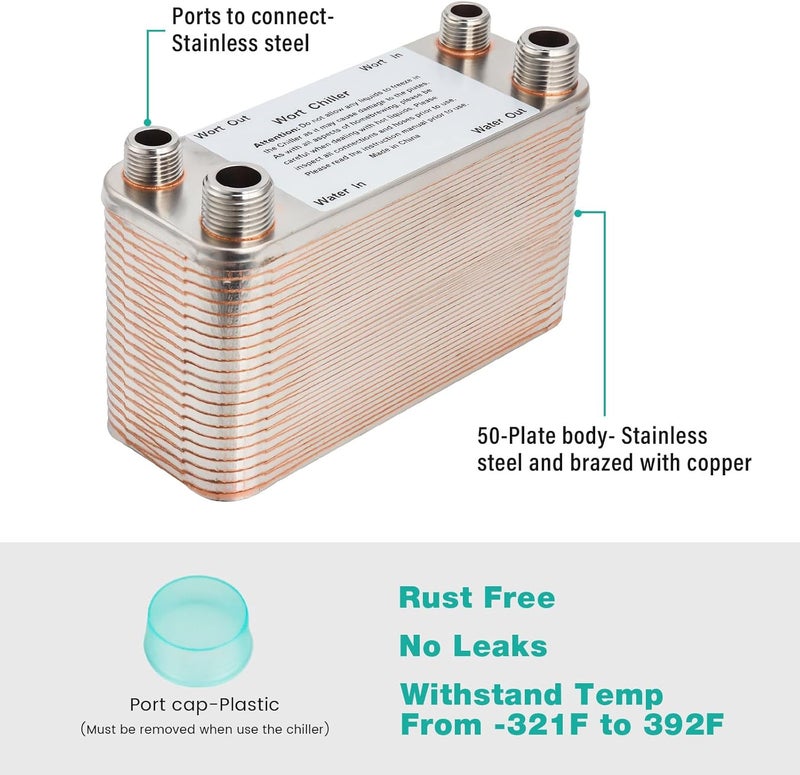 MRbrew Wort Chiller 50 Plates, Brazed Plate Copper Heat Exchanger for Homebrew, Stainless Steel 7.5" x 2.9" Plate, 1/2 & 3/4 NPT Thread Connection Hot Liquid Accelerated Cooler Quick Beer Cooling System - Image 4