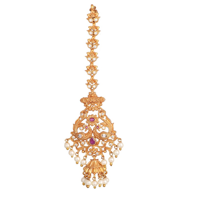 TARINIKA Antique Maang Tikka(Nethi chutti) for Women, Gold Plated Brass & CZ Stones Head Jewelry, Traditional Wedding Mang tikka Festive & Bridal Accessory (Apeksha Antique(White Red)) - Image 5