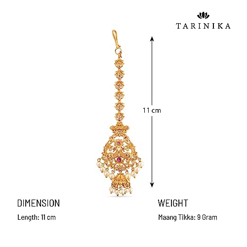 TARINIKA Antique Maang Tikka(Nethi chutti) for Women, Gold Plated Brass & CZ Stones Head Jewelry, Traditional Wedding Mang tikka Festive & Bridal Accessory (Apeksha Antique(White Red)) - Image 3