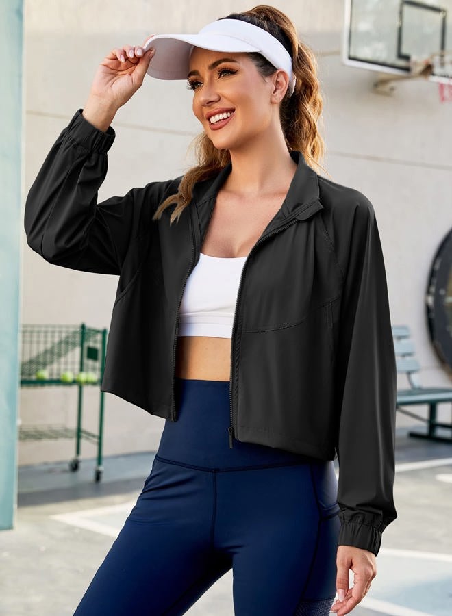 UANEO Workout Tops for Women Cropped Workout Jackets for Women Yoga Athletic Jacket (Black-M) - Image 3