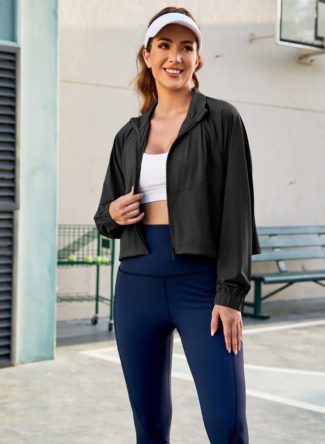 UANEO Workout Tops for Women Cropped Workout Jackets for Women Yoga Athletic Jacket (Black-M) - Image 2