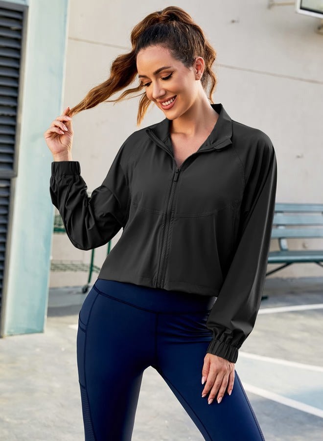 UANEO Workout Tops for Women Cropped Workout Jackets for Women Yoga Athletic Jacket (Black-M) - Image 4