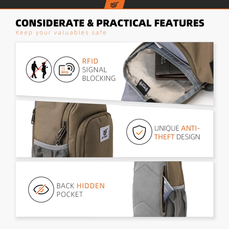 SKYSPER Sling Bag RFID Crossbody Sling Backpack Cross Body Shoulder Bag Travel Hiking Daypack for Women Men(Taupe) - Image 3
