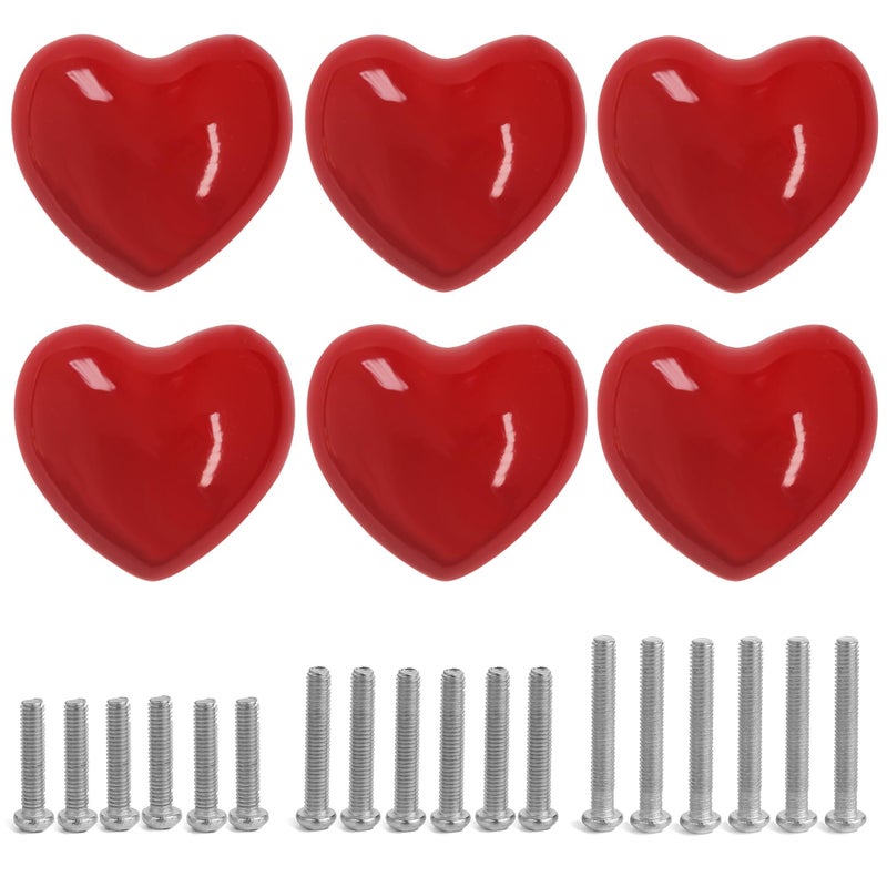 Perphin Heart Ceramic Dresser Drawer Knobs Heart Shape Cabinet Dresser Pulls Handles with 3 Sized Screws Kitchen Furniture Knobs Red 6 Pack