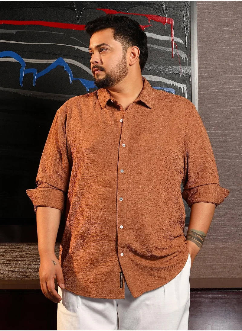 انستافاب بلس Instafab Plus Men's Mocha Brown Surf-Tactile Shirt For Casual Wear | Spread Collar | Long Cuffed Sleeves | Button Closure | Plus Size Shirt Crafted With Comfort Fit For Everyday Wear