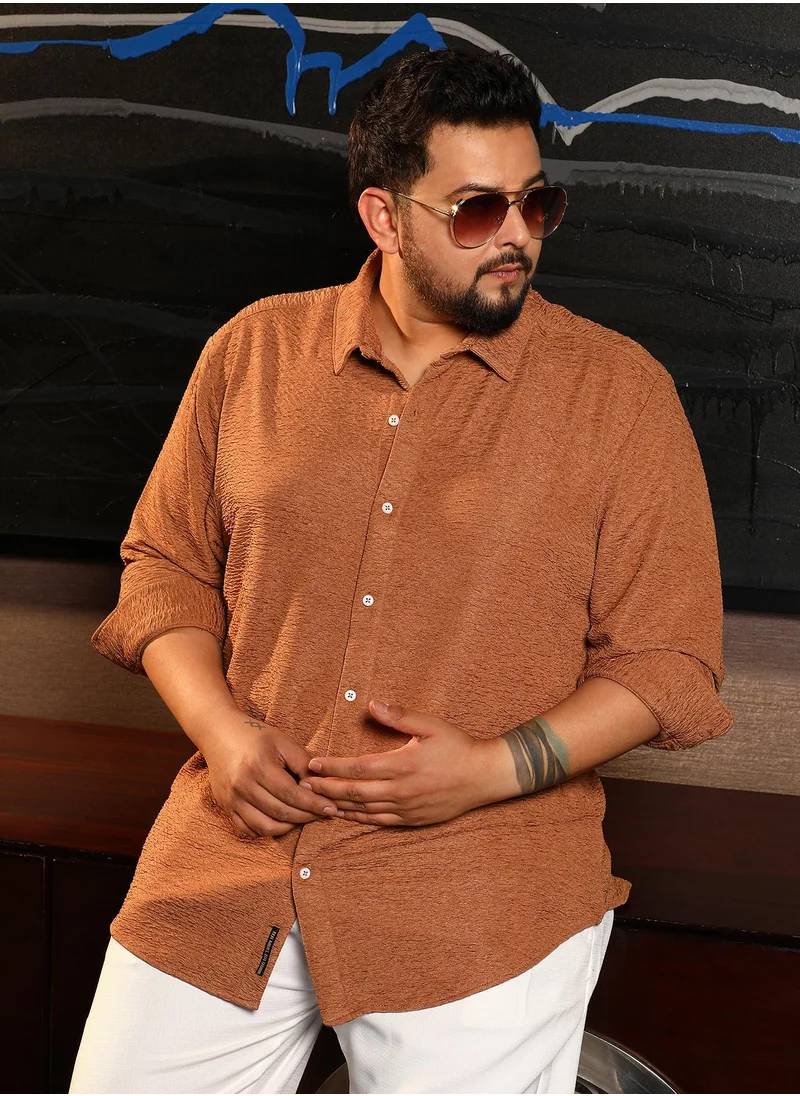 انستافاب بلس Instafab Plus Men's Mocha Brown Surf-Tactile Shirt For Casual Wear | Spread Collar | Long Cuffed Sleeves | Button Closure | Plus Size Shirt Crafted With Comfort Fit For Everyday Wear