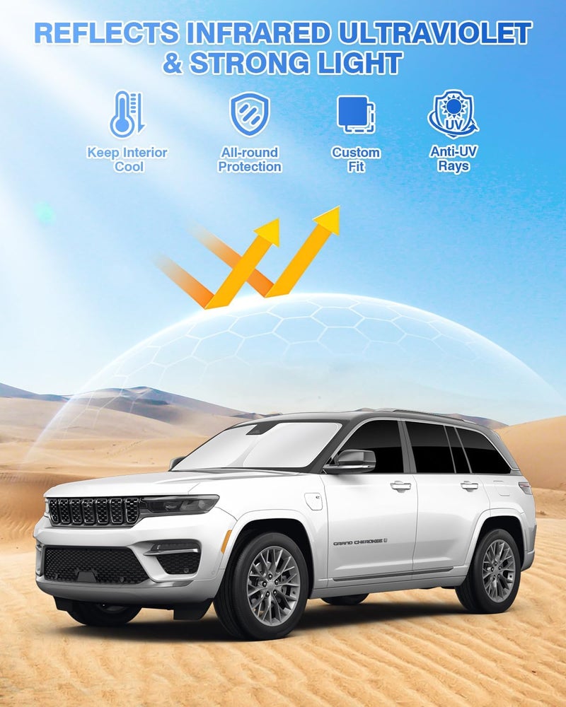 Canvcle غطاء واقي من الشمس لزجاج السيارة Canvcle لسيارات جيب جراند شيروكي 2022-2026، 8 قطع، حماية خصوصية، يحافظ على برودة السيارة، لون أسود - Image 2