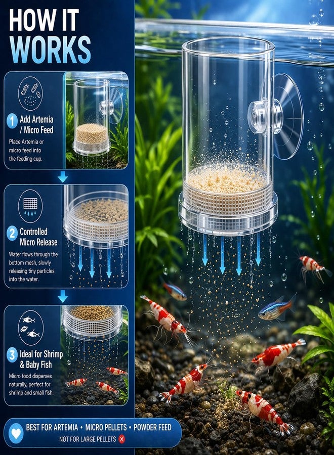 VAYINATO® Transparent Aquarium Fish Feeding Cup with Bottom Micro Mesh Net | Anti-Float Artemia Feeder for Shrimp & Baby Fish | Suction Cup Feeding Station for Micro Pellets & Powder Feed - Image 3