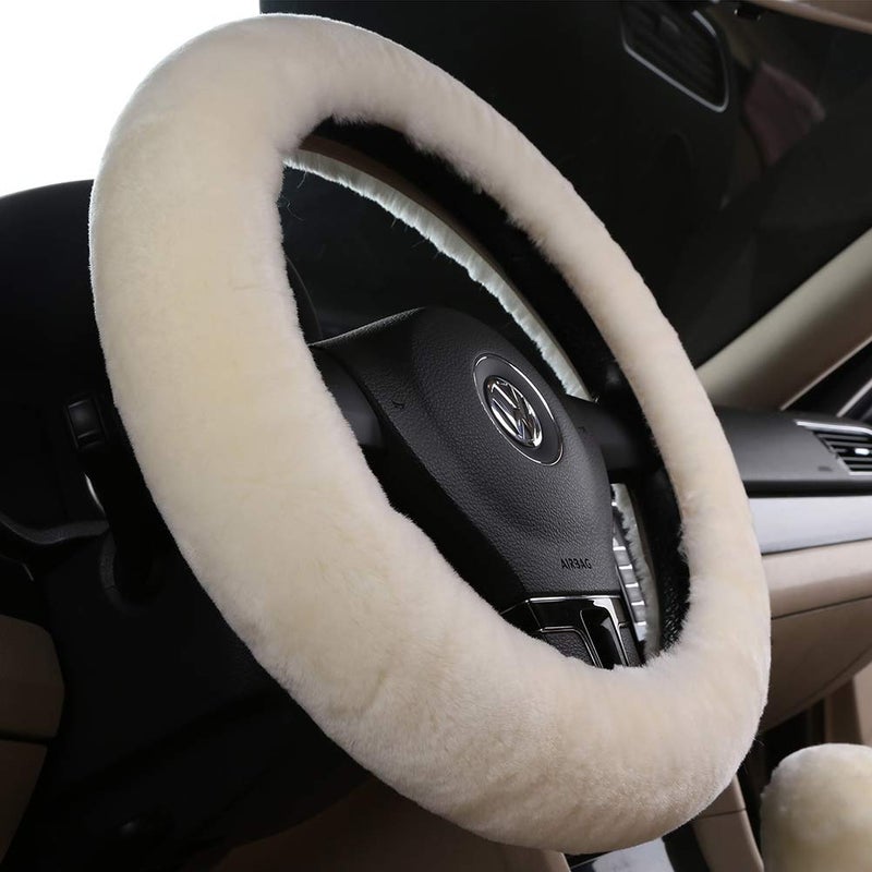 OGLAND Fluffy Natural Fur Wool Sheepskin car Steering Wheel Cover for Universal Steering Wheel 35CM-42CM, Anti-Slip,Comforting and Luxurious, Soft Texture (Cream White) - Image 2