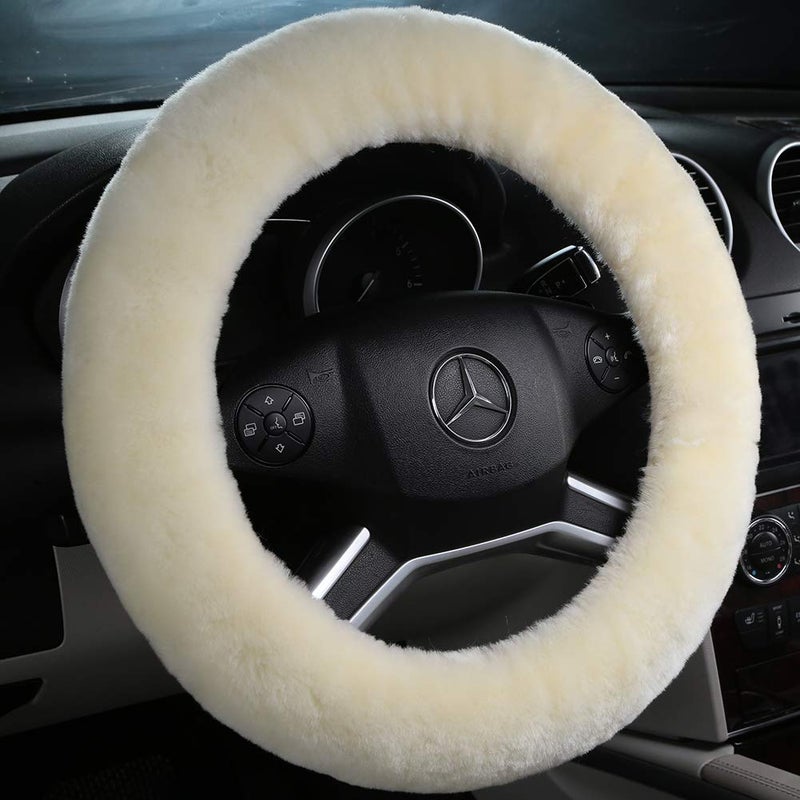 OGLAND Fluffy Natural Fur Wool Sheepskin car Steering Wheel Cover for Universal Steering Wheel 35CM-42CM, Anti-Slip,Comforting and Luxurious, Soft Texture (Cream White) - Image 3