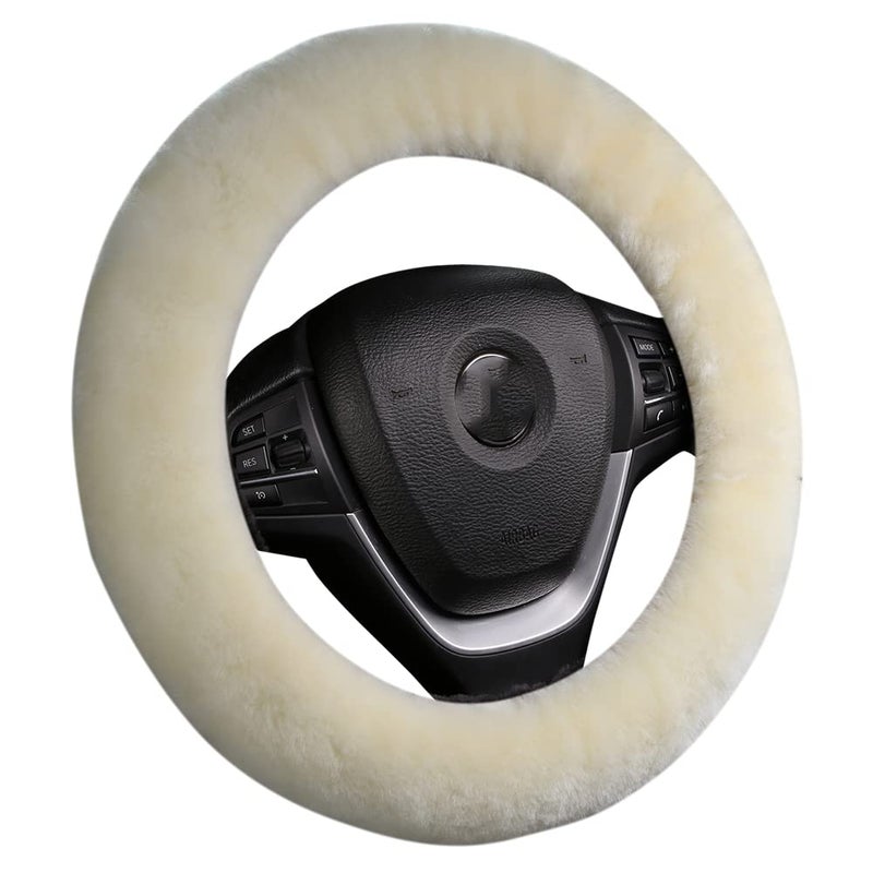 OGLAND Fluffy Natural Fur Wool Sheepskin car Steering Wheel Cover for Universal Steering Wheel 35CM-42CM, Anti-Slip,Comforting and Luxurious, Soft Texture (Cream White) - Image 1