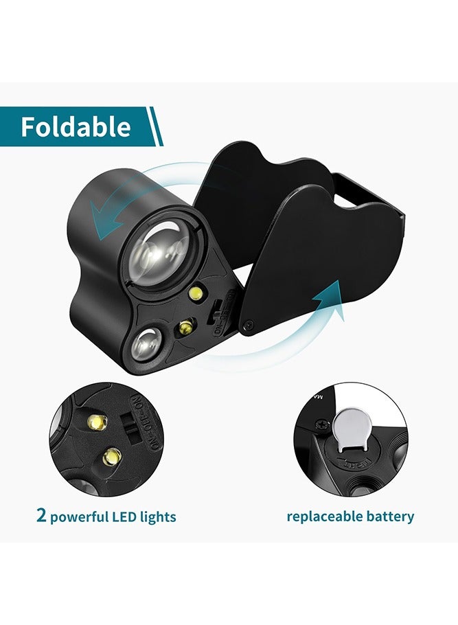NIIMBOT Jewelers Loupe, 30X 60X Illuminated Lens Jewelers Loupe Magnifier, Foldable Jewelry Magnifier with Bright LED Light for Gems, Jewelry, Diamond, Coins and Stamps, Black - Image 2