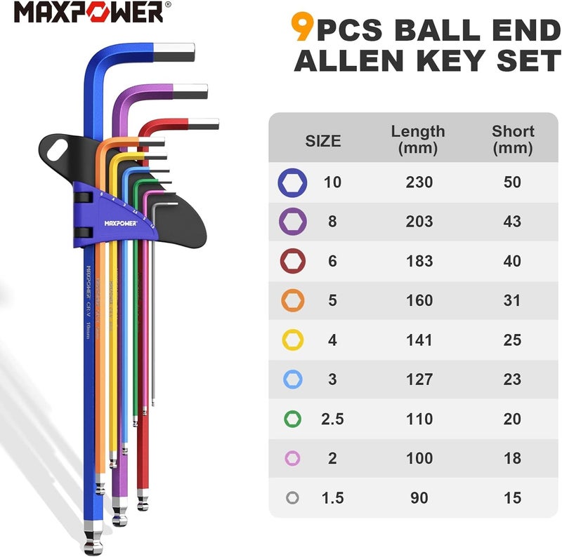 Maxpower مجموعة مفاتيح ألين MAXPOWER، 18 قطعة مجموعة مفاتيح سداسية مترية ذات رأس كروي ومجموعة مفاتيح ألين نجمي توركس، مفتاح ألين ذراع طويل مع مقبض T إضافي لصيانة المنزل والأعمال اليدوية - Image 2
