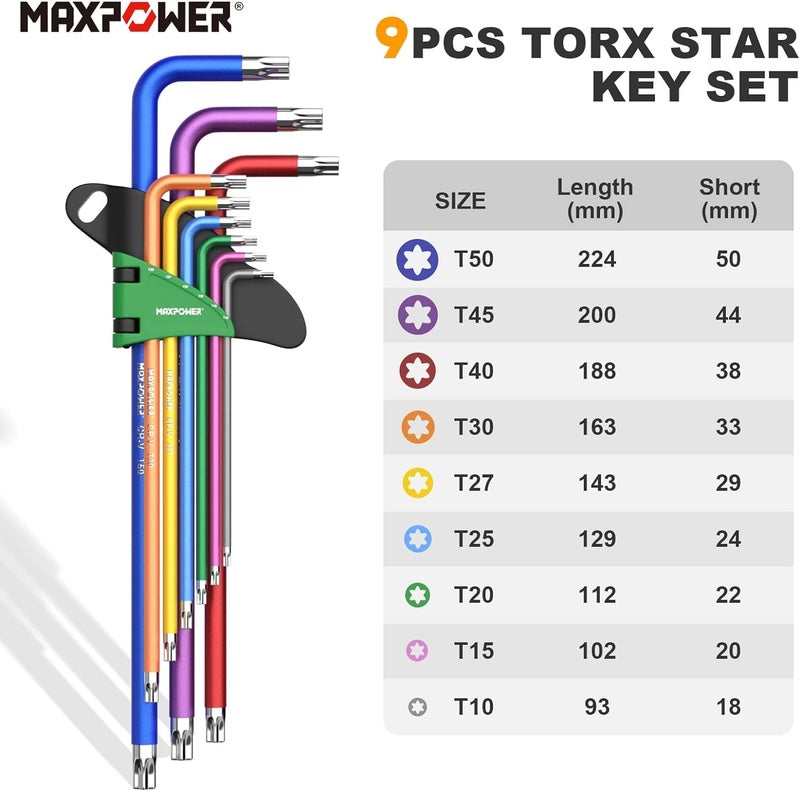 Maxpower مجموعة مفاتيح ألين MAXPOWER، 18 قطعة مجموعة مفاتيح سداسية مترية ذات رأس كروي ومجموعة مفاتيح ألين نجمي توركس، مفتاح ألين ذراع طويل مع مقبض T إضافي لصيانة المنزل والأعمال اليدوية - Image 3