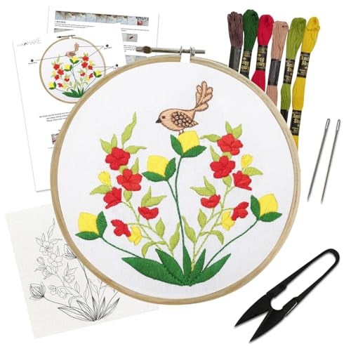 picknMAKE Cross Stitch Embroidery Kit For Beginners & Adult, Showcasing Bird & Floral, Printed Fabric, Instruction Paper, Threads & Needles All Materials Included,Multicolor - Image 1