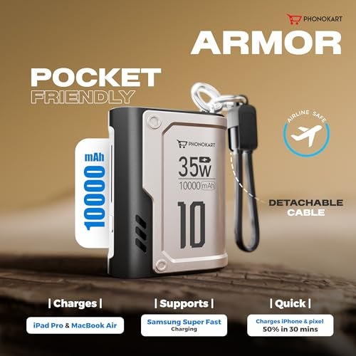 Phonokart Armor 10000mAh 35W PD/PPS Fast Charging Compact Powerbank | 50% in 30 Mins for iPhones & Pixels | Supports Samsung Super Fast Charging, OnePlus, Oppo, Nothing & MacBook Air - Image 3