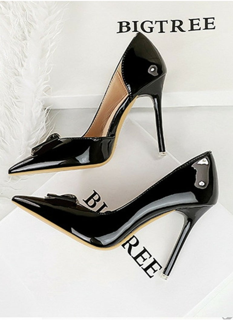 BIGTREE Women's Patent Leather Closed Pointed Toe Stiletto Pump High Heels Black 10.5 CM  - Image 3