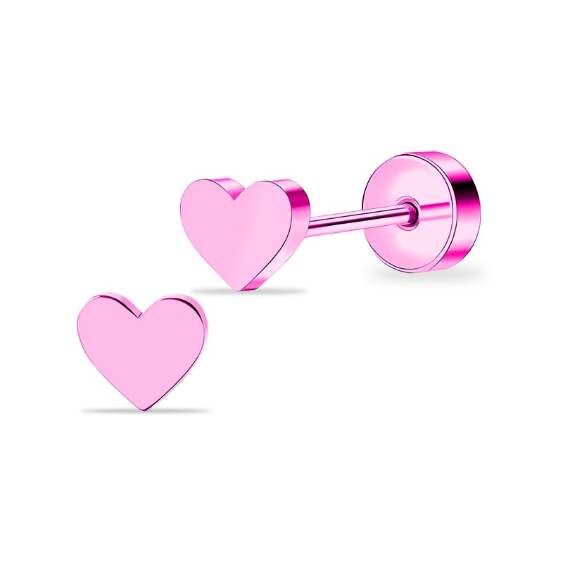 ZDE Women Earrings Flat Back Heart Earrings Titanium Hypoallergenic Non-Nickel Cartilage Earrings Studs for Sensitive Ears Simple Classic 5mm Pink Screw On Stud Earrings - Image 1