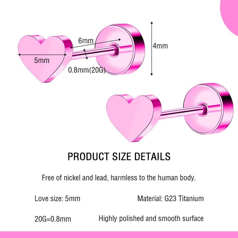 ZDE Women Earrings Flat Back Heart Earrings Titanium Hypoallergenic Non-Nickel Cartilage Earrings Studs for Sensitive Ears Simple Classic 5mm Pink Screw On Stud Earrings - Image 2