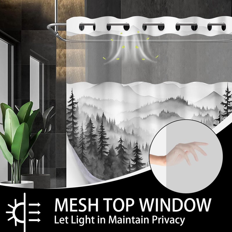 QGHOT Forest Hookless Shower Curtain with Snap in Liner  Nature Mountain No Hook Double Layer Shower Curtain and Liner Set  Ringless with Window Waterproof Cloth Fabric  71"" W x 74"" L  Black - Image 2