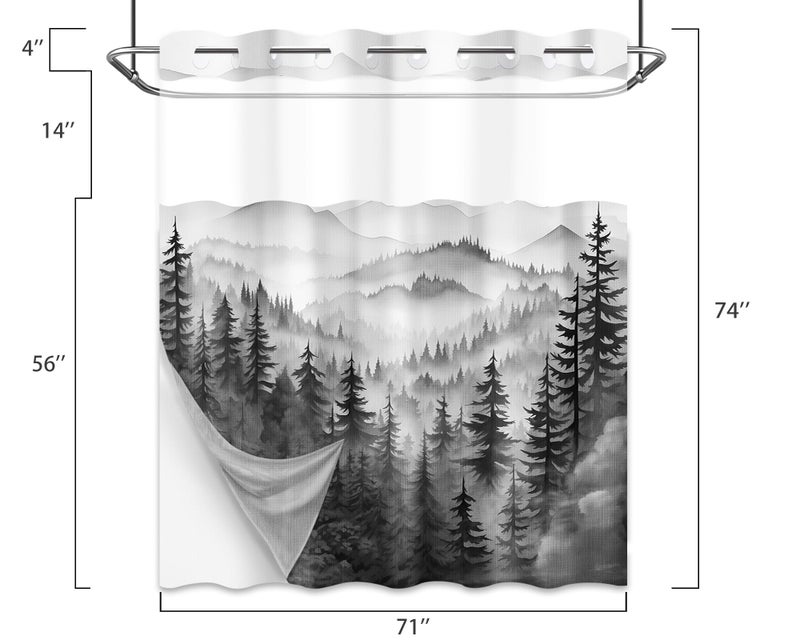 QGHOT Forest Hookless Shower Curtain with Snap in Liner  Nature Mountain No Hook Double Layer Shower Curtain and Liner Set  Ringless with Window Waterproof Cloth Fabric  71"" W x 74"" L  Black - Image 5