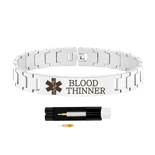 Zircobic Medical Alert Bracelet – Lightweight Waterproof Stainless Steel with “BLOOD THINNER” Engraving, Silver Chain with Link Remover, Stylish & Comfortable for Sports, Travel & Daily Use - Image 1