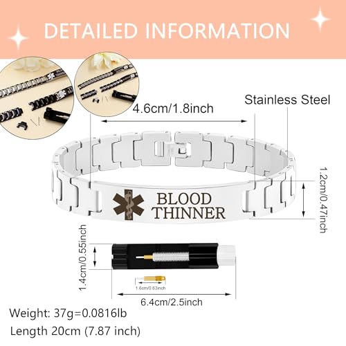 Zircobic Medical Alert Bracelet – Lightweight Waterproof Stainless Steel with “BLOOD THINNER” Engraving, Silver Chain with Link Remover, Stylish & Comfortable for Sports, Travel & Daily Use - Image 5