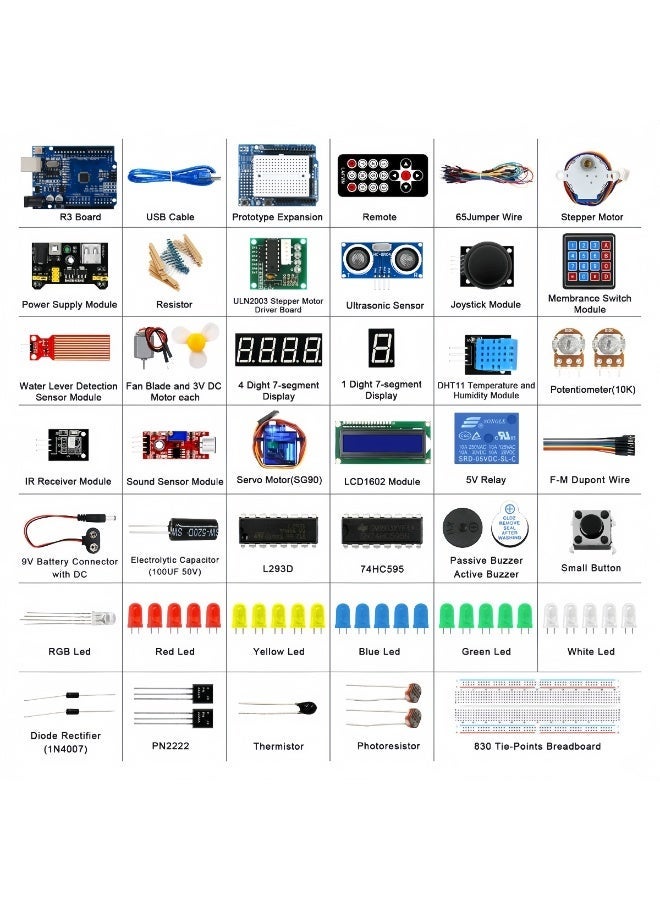 general مجموعة البداية المتقدمة UNO R3 مع ترقيات RFID - لوحة R3 المحسّنة، لوحة التوسيع، LCD1602، محرك خطوة، محرك سيرفو، ومكونات مشروع البداية. - Image 2