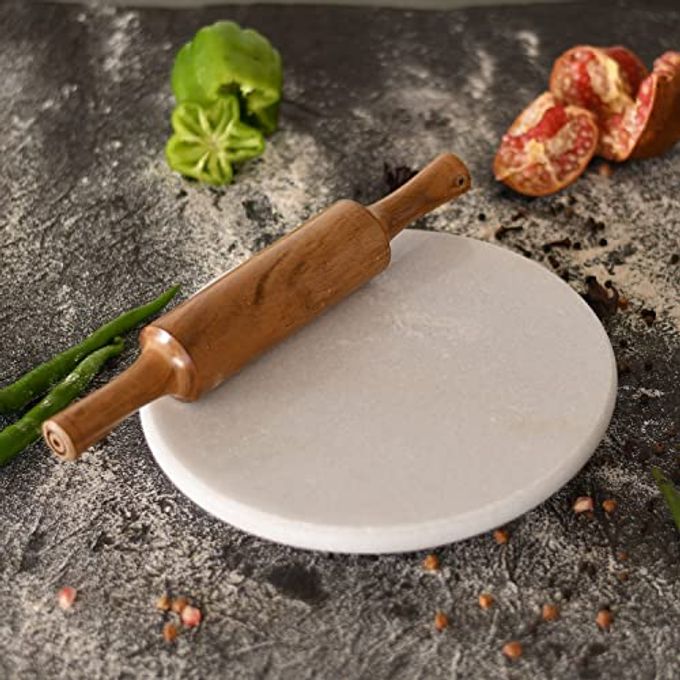 JAIPUR ACE Marble Chakla Belan Set 10 Inch White | Roti Maker Board with Rolling Pin | Chapati Maker for Kitchen | Polished Stone Chakla for Daily Cooking | Durable & Easy Clean Kitchen Tool - Image 1