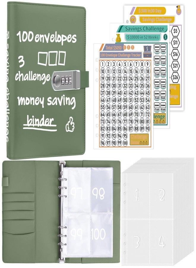 Antner 100 Envelopes Money Saving Challenge Binder with Lock, A5 Savings Binder Challenge Book Budget Planner with Cash Envelopes for Money Saving - Password Lock to Protect Cash Security, Olive Green - Image 1