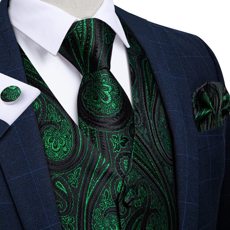 DiBanGu Men's Emerald Green Paisley Vest and Necktie Set 6PCS Pre-tied Bow Tie Silk Formal Waistcoat for Wedding Party, Green, M - Image 2