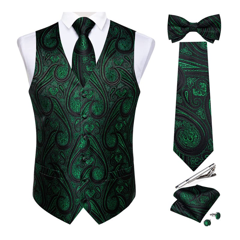 DiBanGu Men's Emerald Green Paisley Vest and Necktie Set 6PCS Pre-tied Bow Tie Silk Formal Waistcoat for Wedding Party, Green, M - Image 1